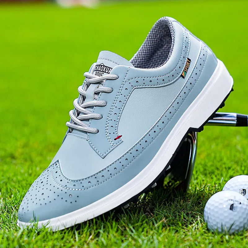 Men's golf shoes with genuine leather upper and non-slip rubber outsole in Lake Blue and White colours