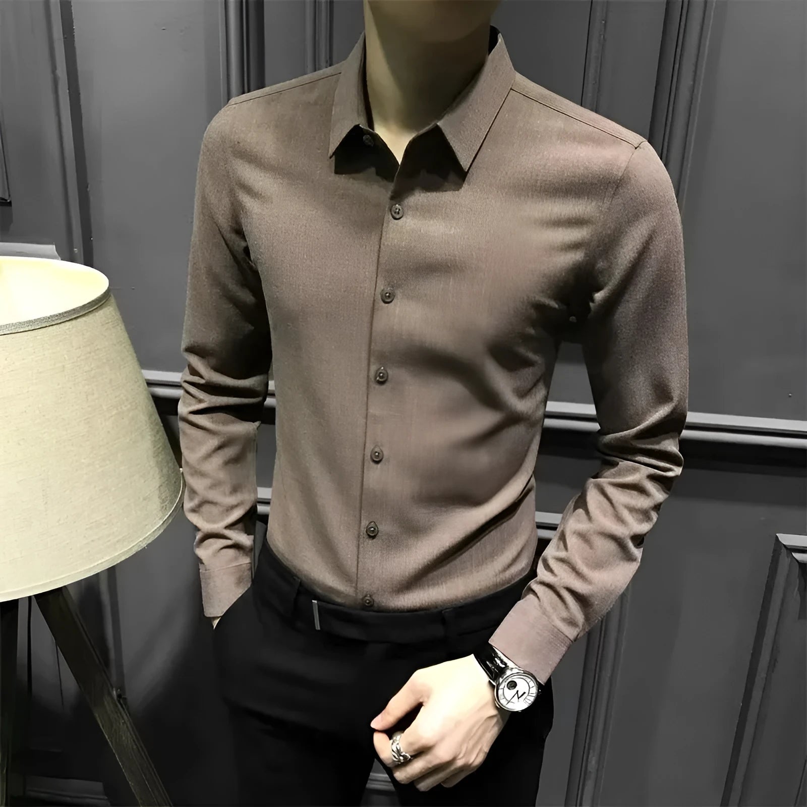 Men's black loose fit long sleeve polyester fibre shirt for autumn winter