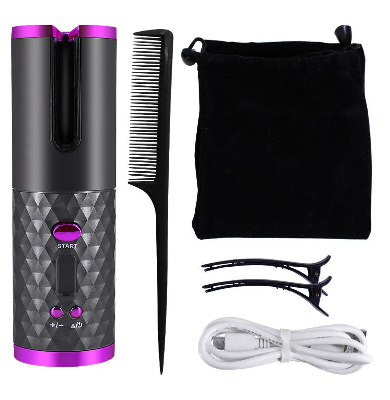Rechargeable automatic hair curler with LCD display in black, pink, pink-grey, or white.