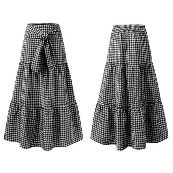 Ruffled hem strappy pleated casual loose skirt in black or blue polyester, sizes S to 3XL.