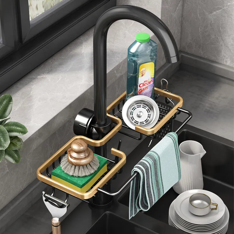 Kitchen faucet rack drain basket in silver, no drilling space aluminium storage