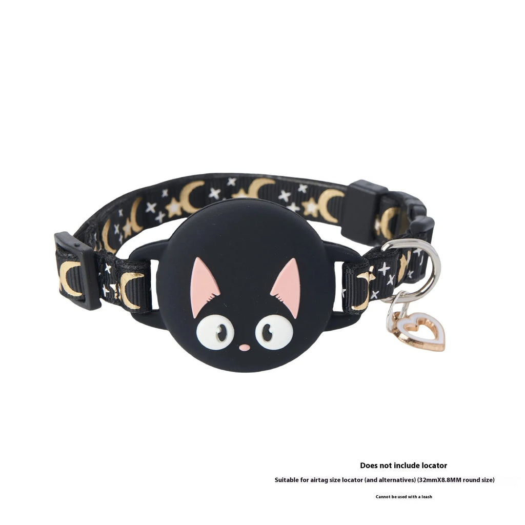 Pink plastic AirTag protective case clipped to a black cat collar, showing the snap-shut lid.