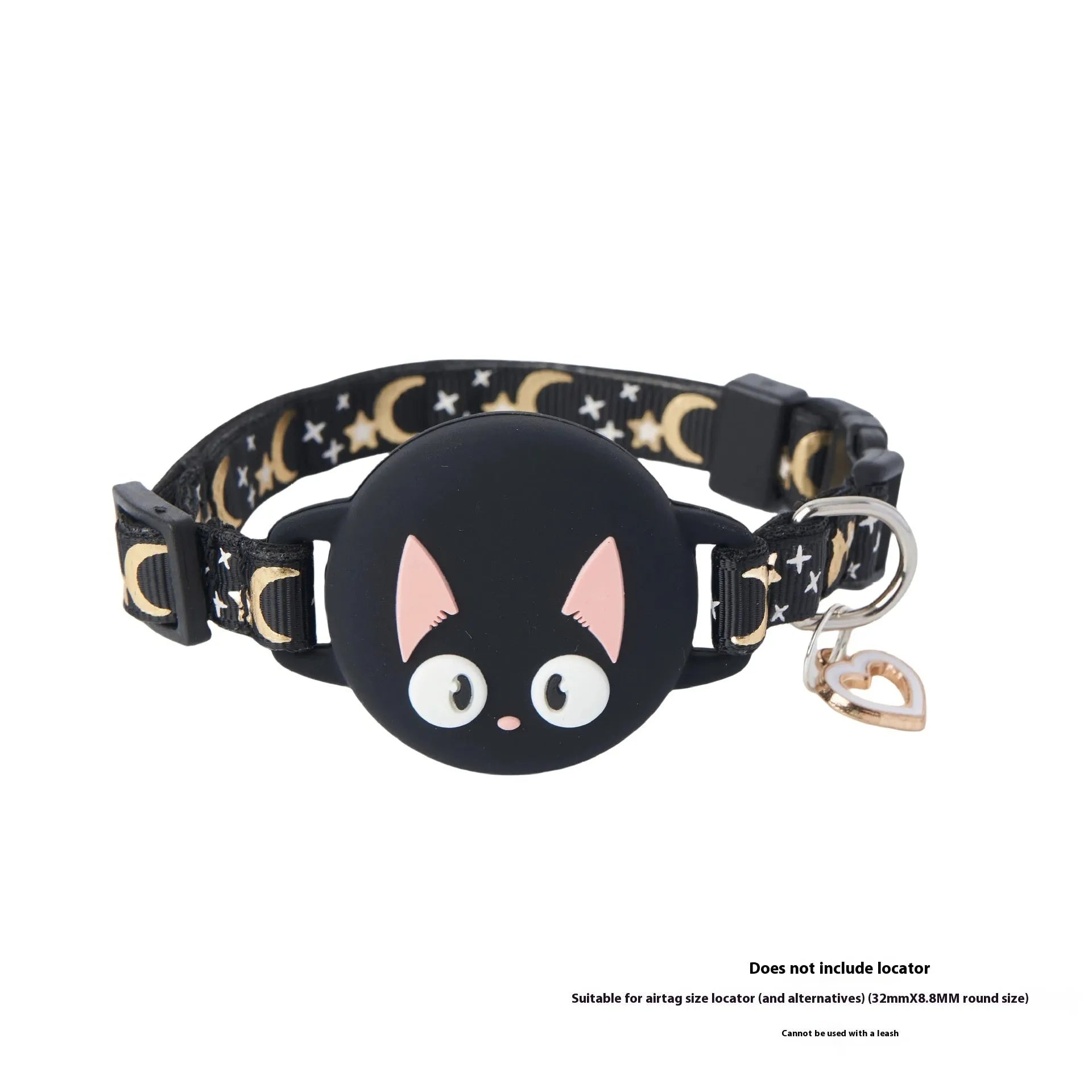 Pink plastic AirTag protective case clipped to a black cat collar, showing the snap-shut lid.