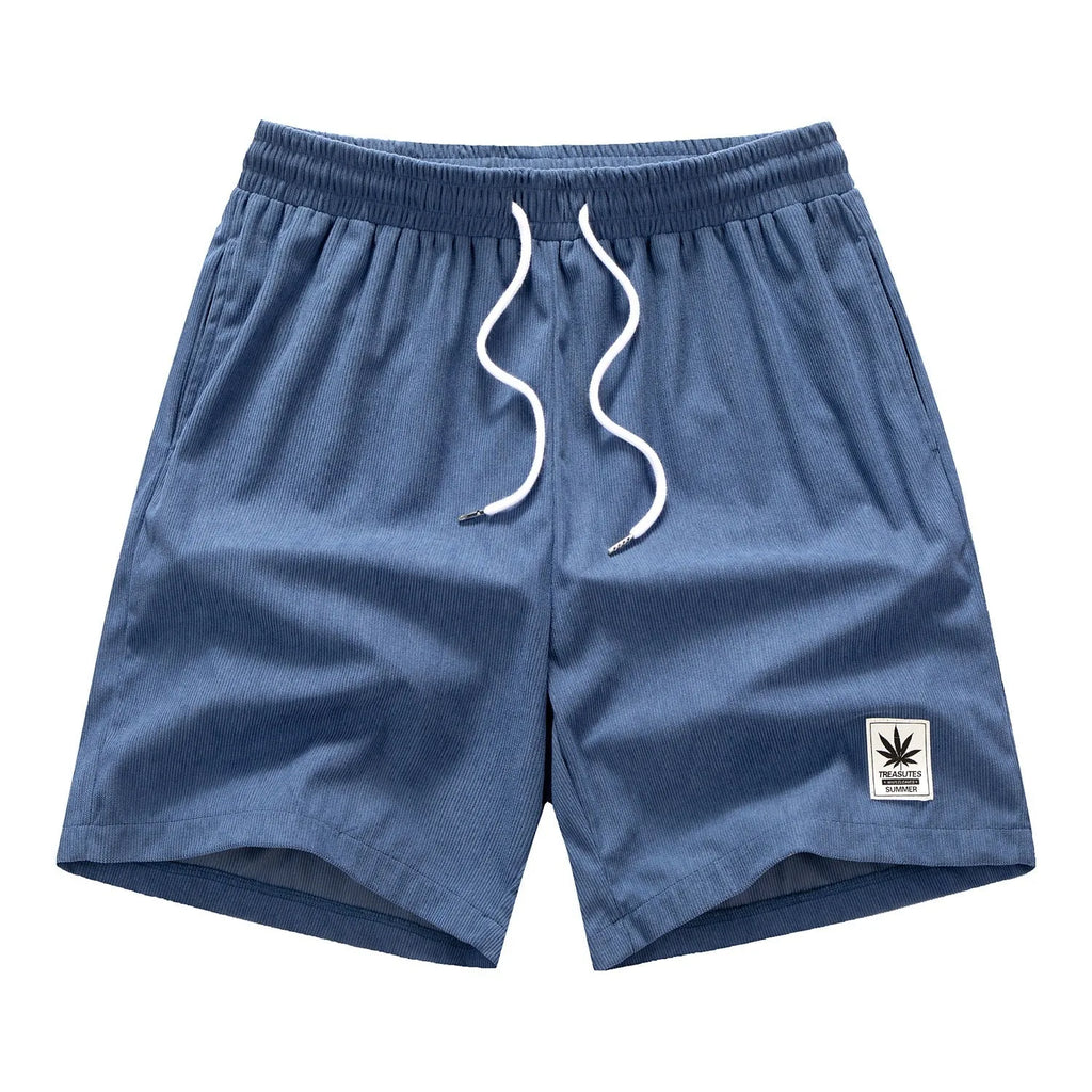 Men's straight-leg drawstring waist shorts in black, blue, khaki, and grey colours