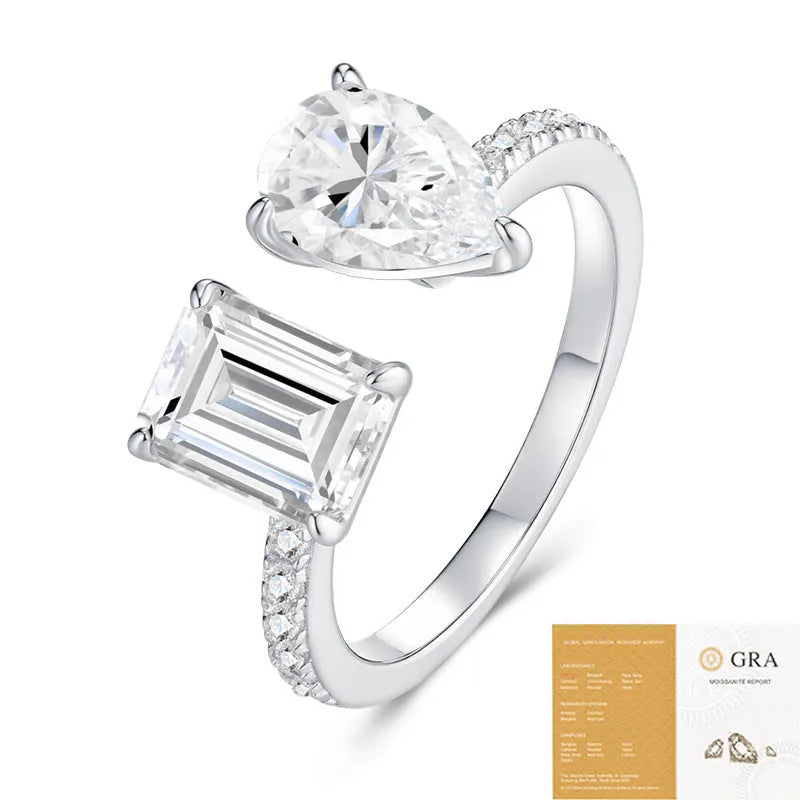 Square moissanite ring in 925 sterling silver with non-fading electroplated finish, drop-shaped geometric design, US 5-9.