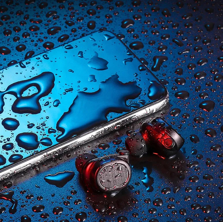 Touch control Bluetooth wireless headset with earbuds in black, white, red, or blue colours
