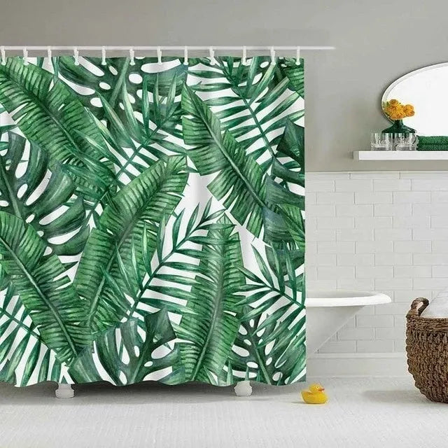 Tropical shower curtain with green and white palm leaf digital print on waterproof polyester fabric