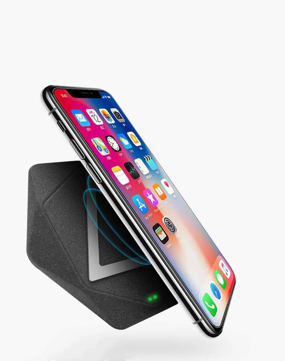 Frosted wireless Qi charger with LED indicator in black colour on a desk