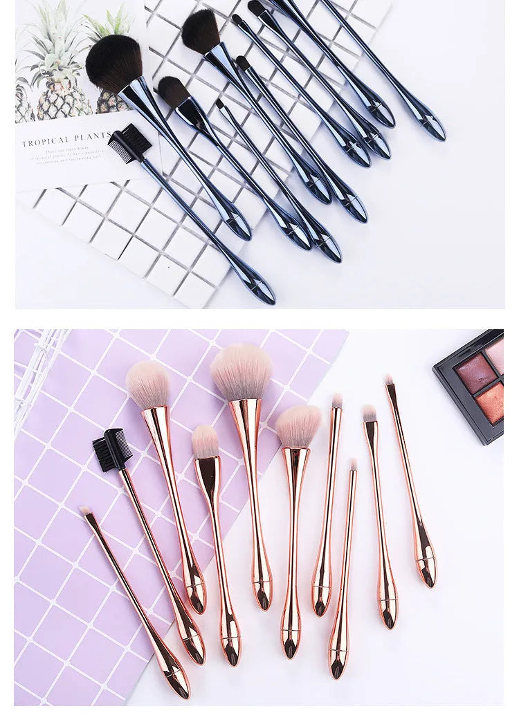 Small waist makeup brush set with nylon bristles and plastic handles in light blue, red, rose gold, and light colours