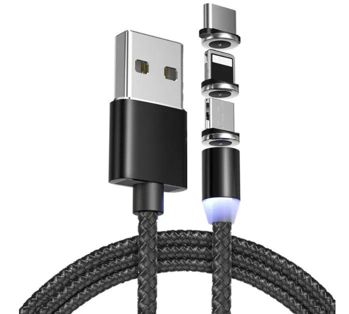 Three-in-one magnetic charging cable in black with Android, Type C and Apple connectors