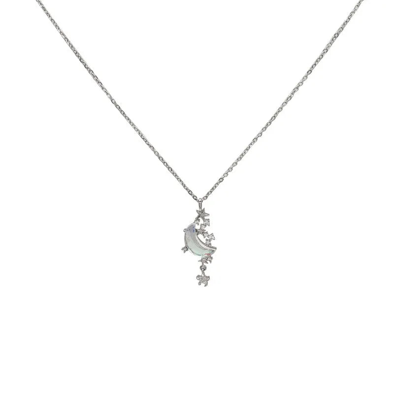 Copper star and crescent moon pendant necklace with tassel, diamond treatment finish, blue or white, on adjustable 31-40cm cross chain