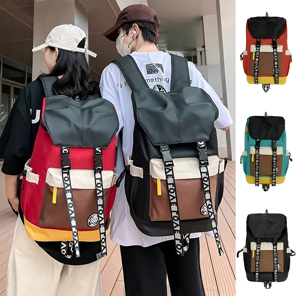 A black Oxford cloth backpack showing its size, carried over one shoulder.