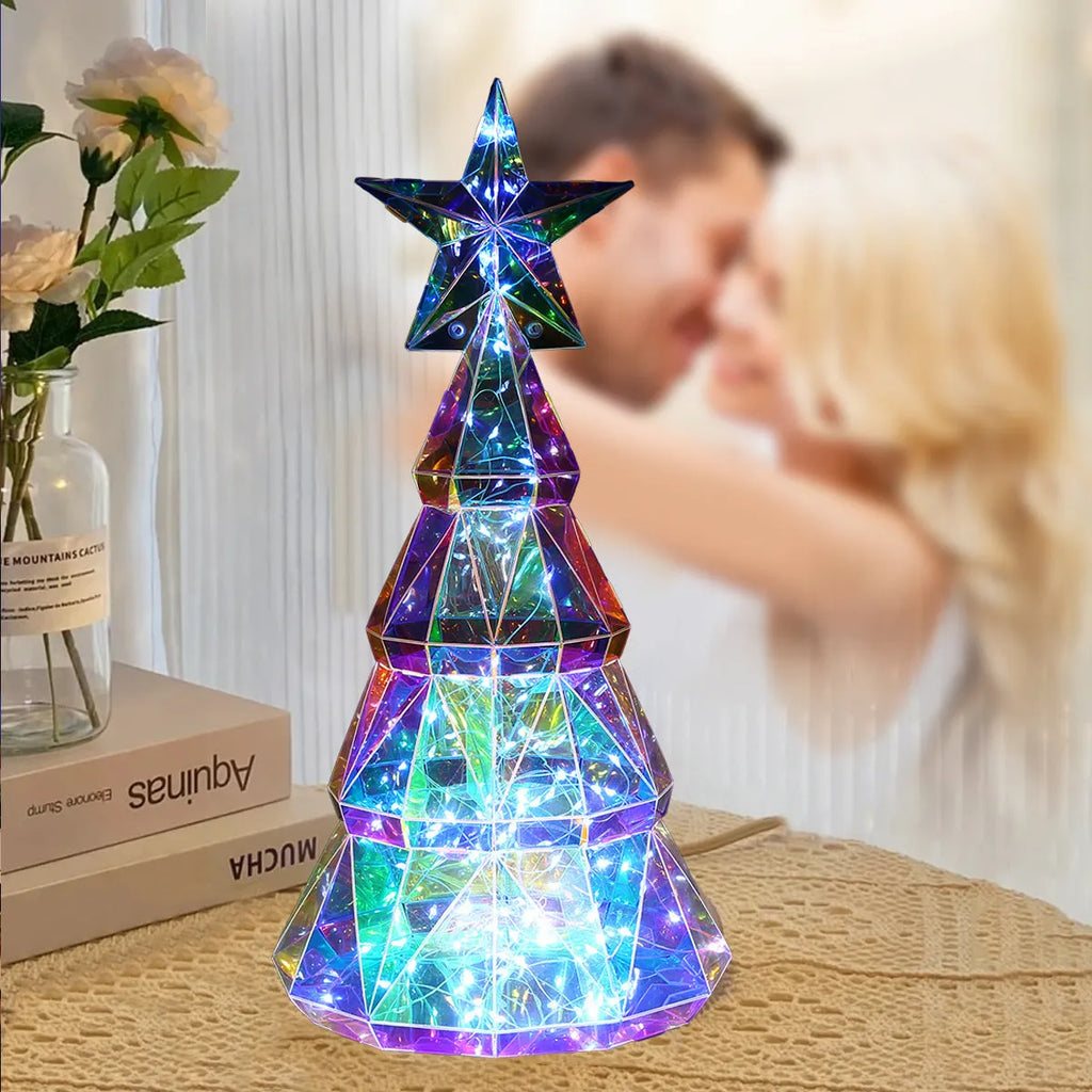 Colourful cartoon-style Christmas tree light made of PET plastic, measuring 14.5cm by 4.8cm by 20cm.