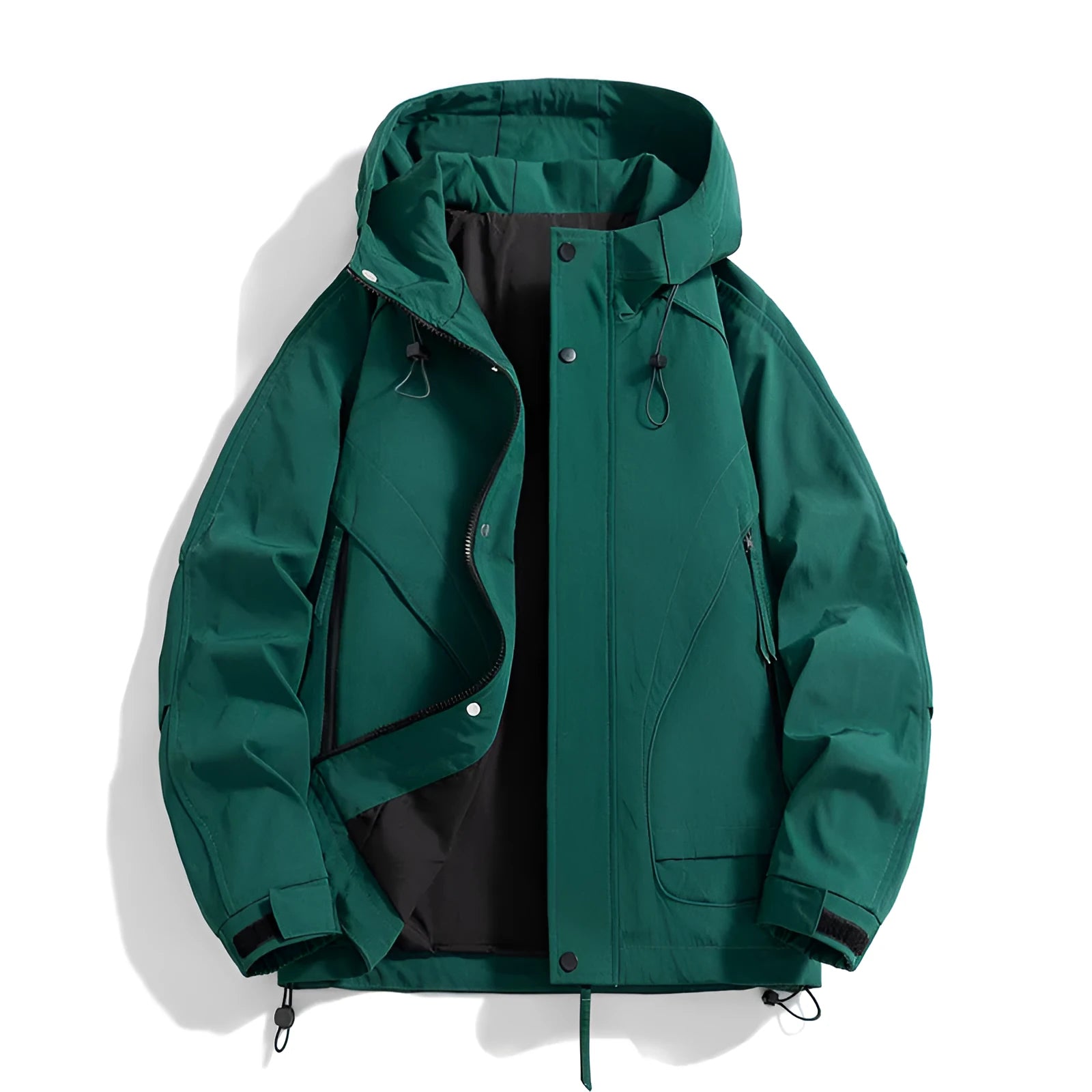 Windproof rabbit fur modal hooded jacket in a loose fit, shown in one of four colour options: ivory white, black, duck shit green, or phantom green.