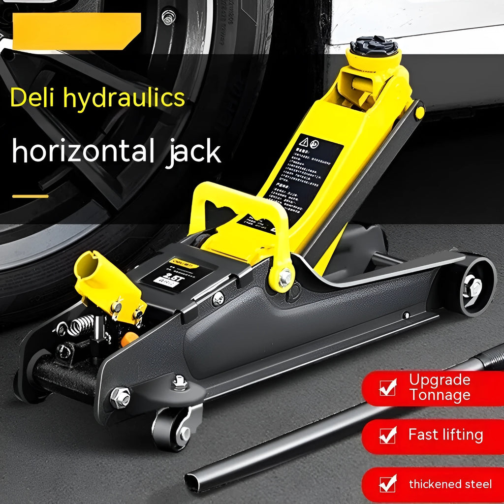 Horizontal hydraulic scissor car jack with handle for tyre changes, low profile design