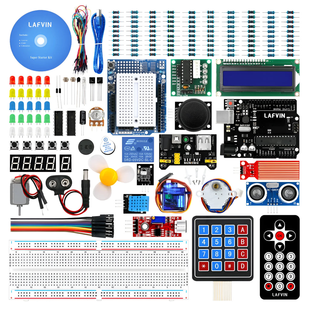 LAFVIN Arduino UNO R3 Super Starter Kit showing blue development board, breadboard, LEDs, sensors, and motors