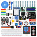 LAFVIN Arduino UNO R3 Super Starter Kit showing blue development board, breadboard, LEDs, sensors, and motors