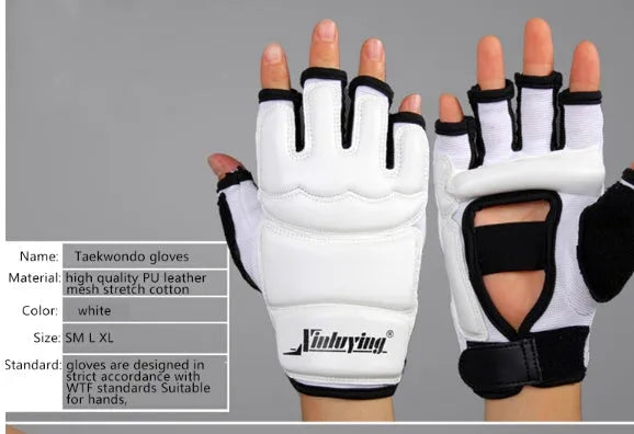 White boxing gloves and taekwondo foot protection set with PU leather mesh and elastic cotton cloth, sizes S to 3XL