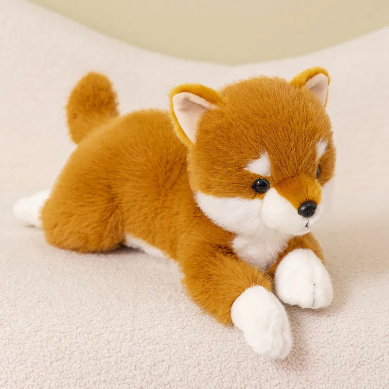 Plush simulation Shiba Inu doll in brown lying posture, 35cm height, super soft short plush fabric