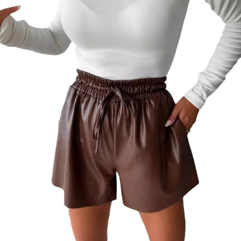 Women's black wide-leg shorts with lace-up drawstring waist and straight-leg design