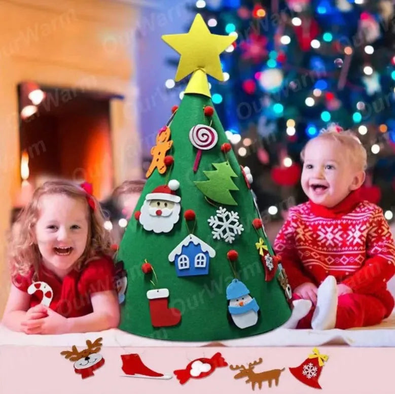 Felt Christmas tree three-dimensional pendant DIY craft kit with felt balls and cone tree shape, 50x60cm, on a white background.