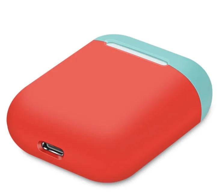 Silicone protective sleeve for Apple AirPods charging case shown in a selection of solid colours including black, blue, and pink.