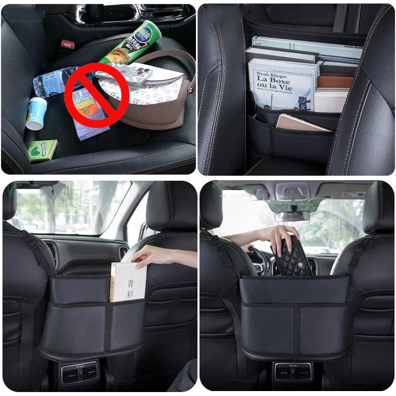 Black leather car seat storage bag with a carbon fibre pattern, showing its size next to a car seat.