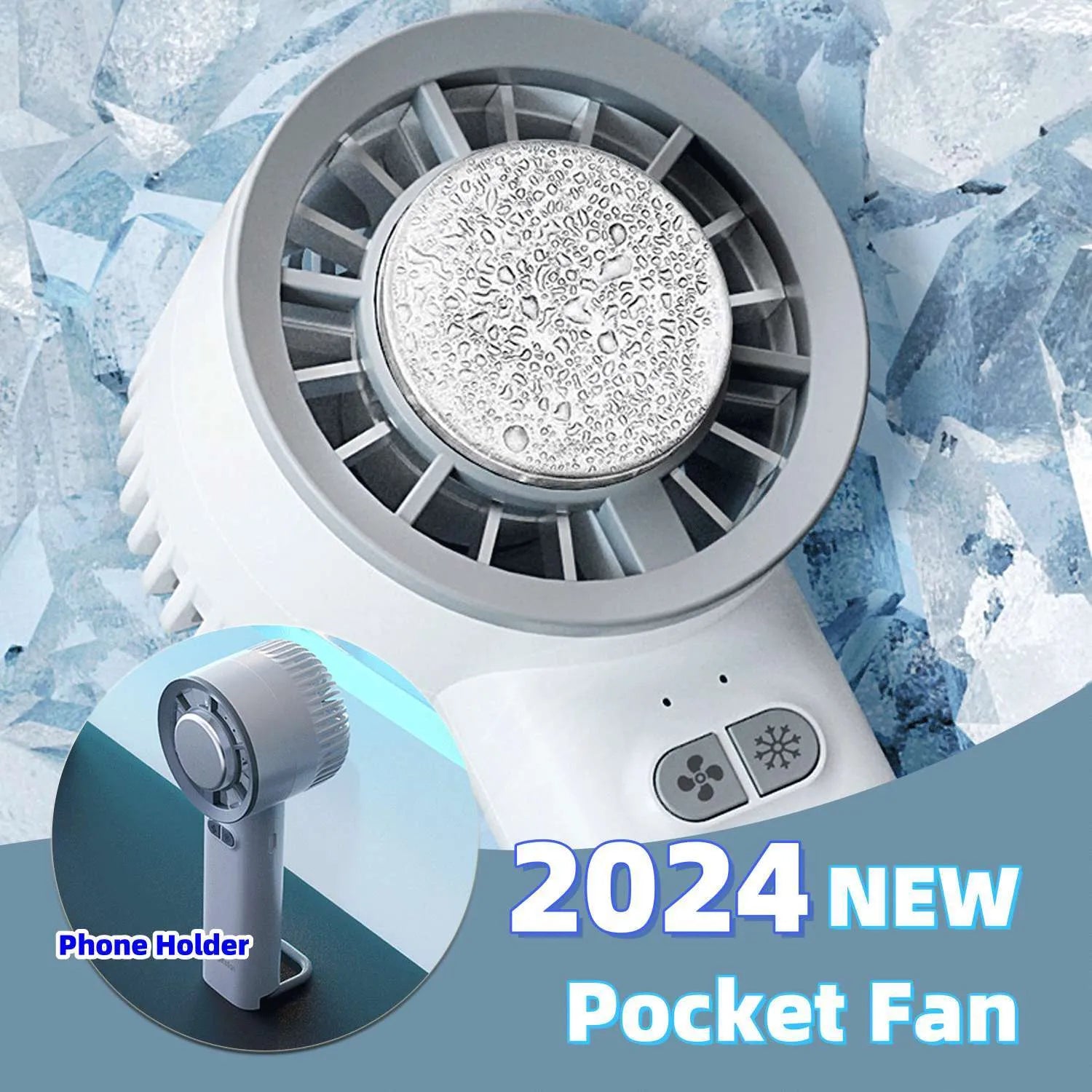 Handheld turbo jet fan in white or light blue colour with compact portable design for personal cooling