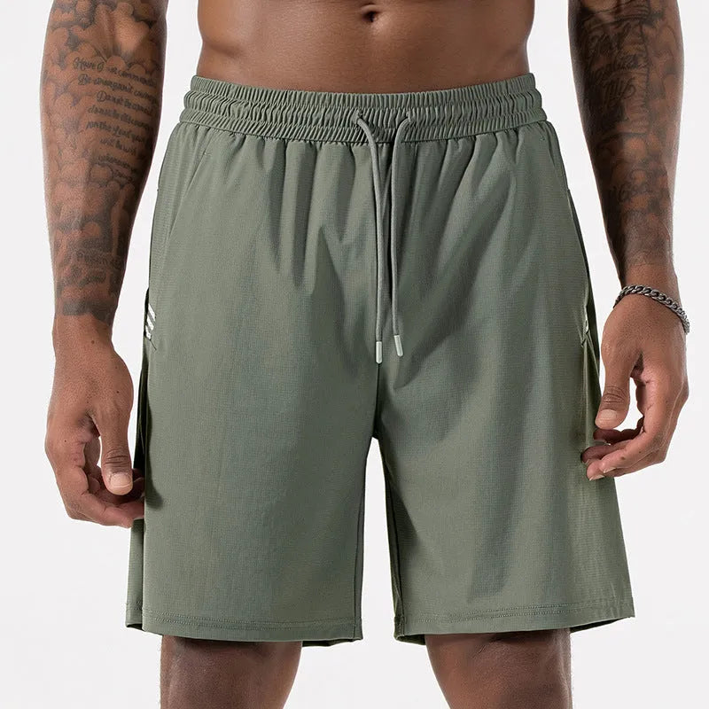 Men's black Ice Silk quick-drying sports shorts with a drawstring high waist on a hanger.