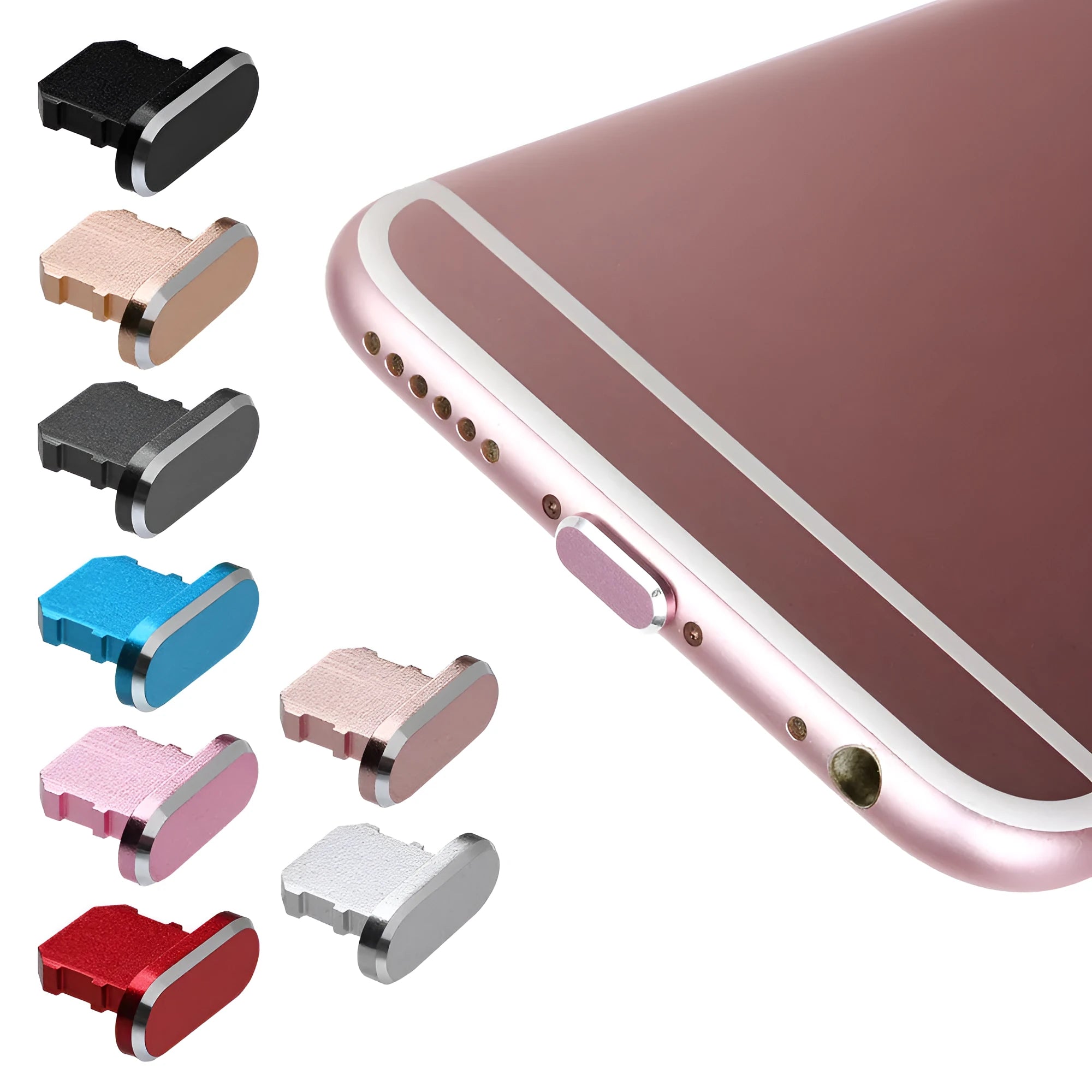 Aluminium alloy dust plug for iPhone Lightning charging port in various metallic colours.