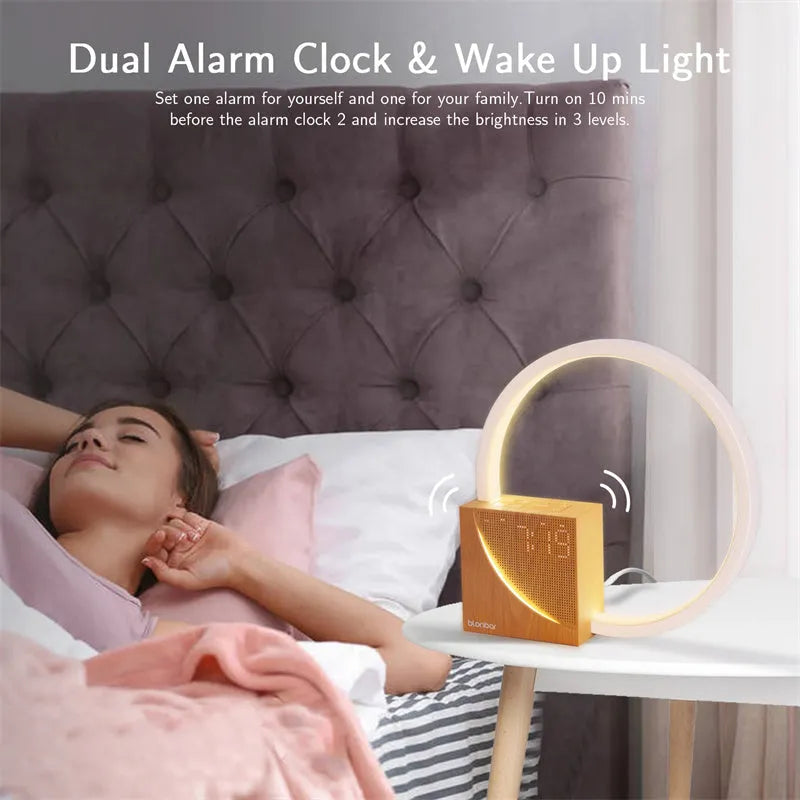 Wooden touch control bedside lamp with alarm clock display and natural sound options