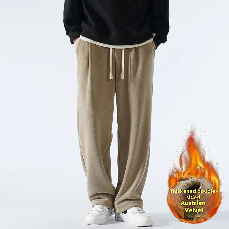 Men's apricot coloured double-sided polar fleece casual trousers with a loose fit and drawstring waist.