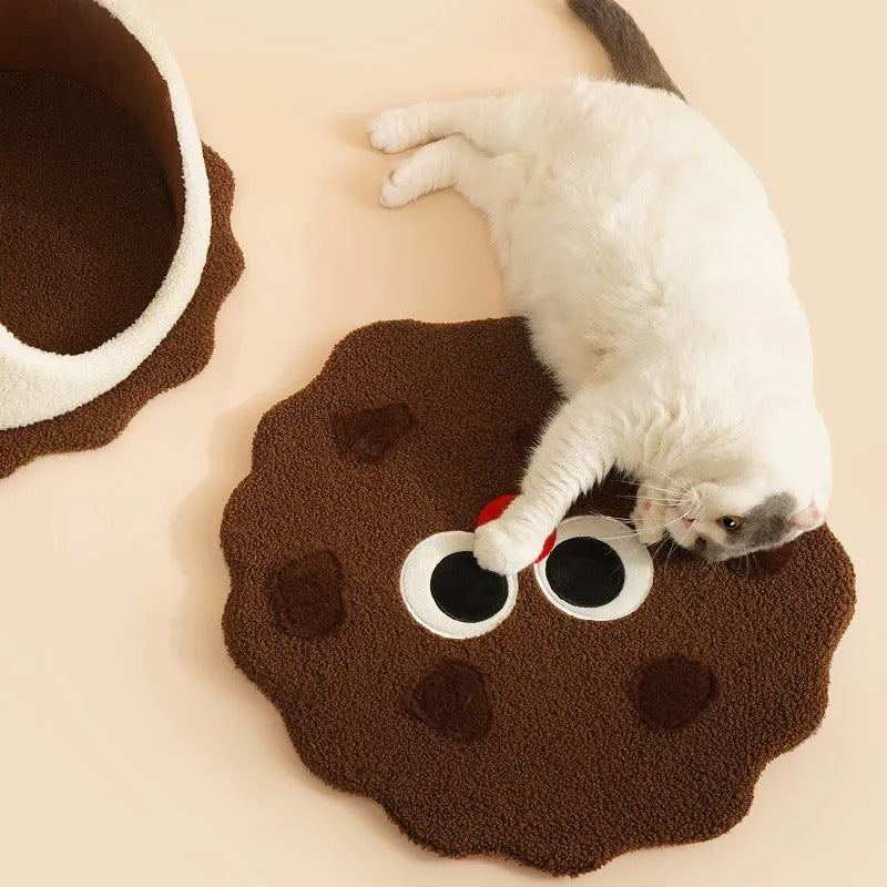 Khaki coloured sandwich cookie shaped enclosed cat nest bed with removable cushion for indoor winter sleeping