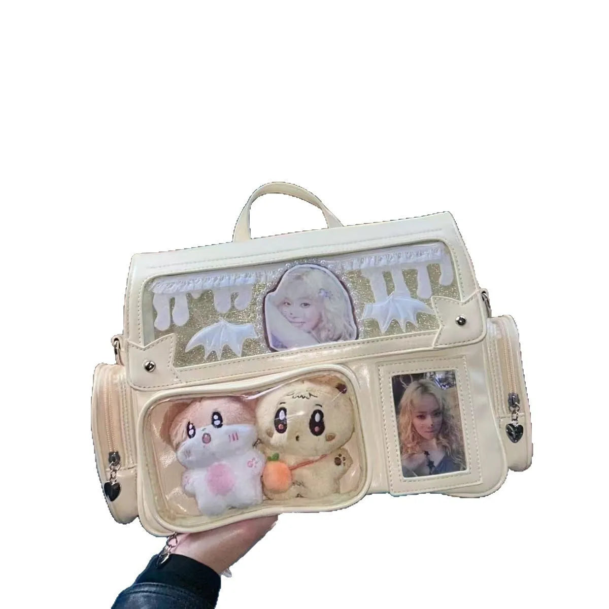 Hidden light plate cartoon crossbody bag in pink PU with stitching and lock, for leisure travel