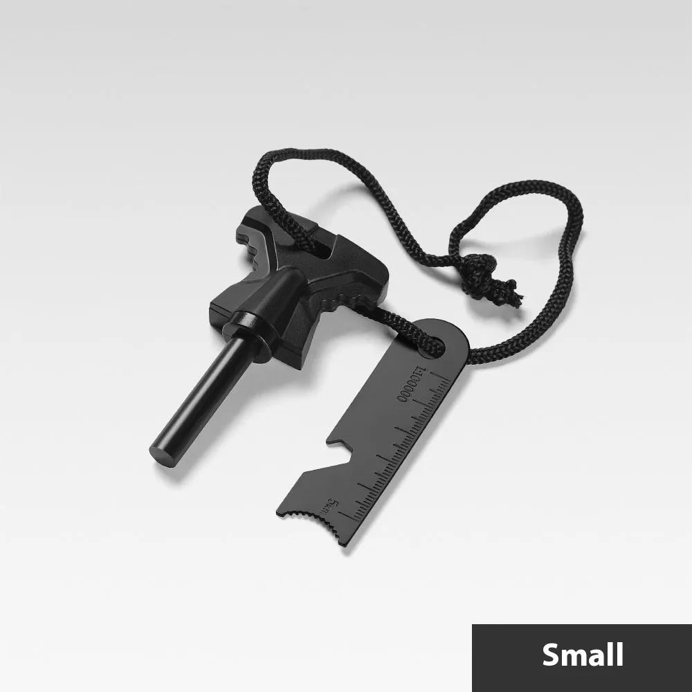 Stainless steel butterfly-shaped firestone survival tool with integrated bottle opener.