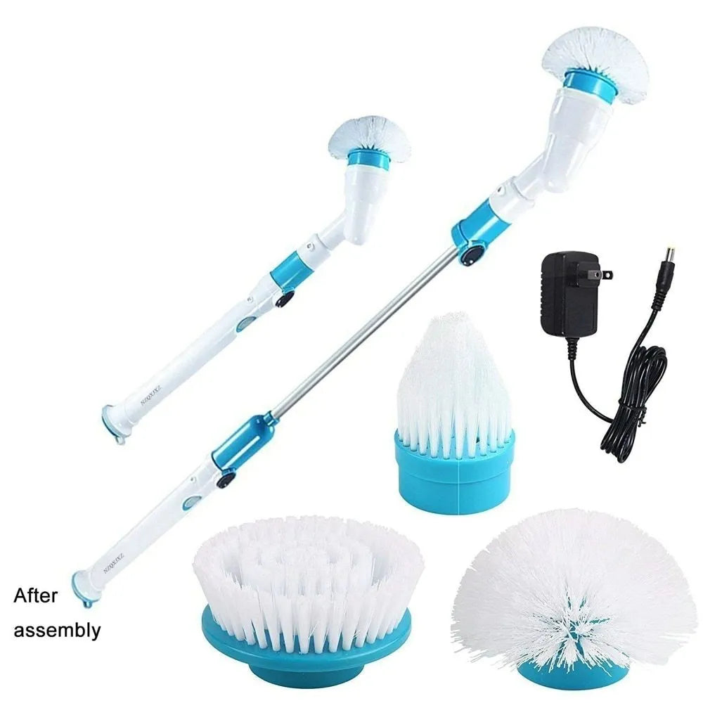 Blue rechargeable electric cleaning brush with retractable handle, three brush heads, and cordless spin scrubber design