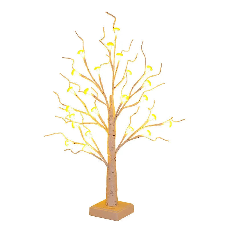 60cm tall white birch tree LED lamp with small red detachable mushroom flowers on a table.