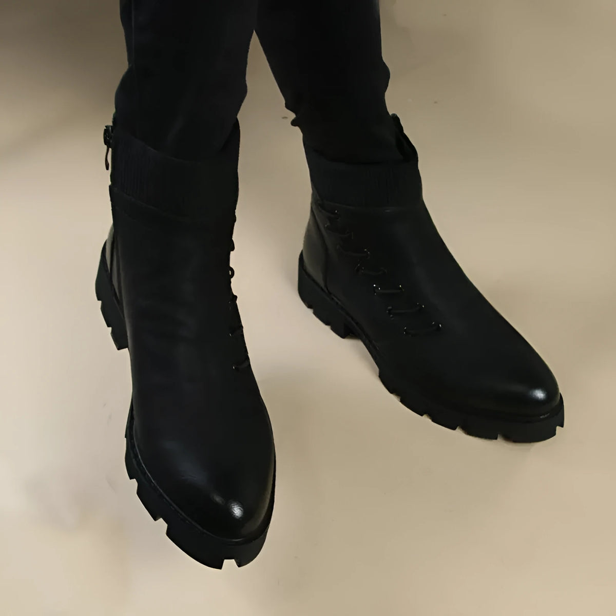 Men's black microfiber ankle boots with lace-up front and rubber sole for spring
