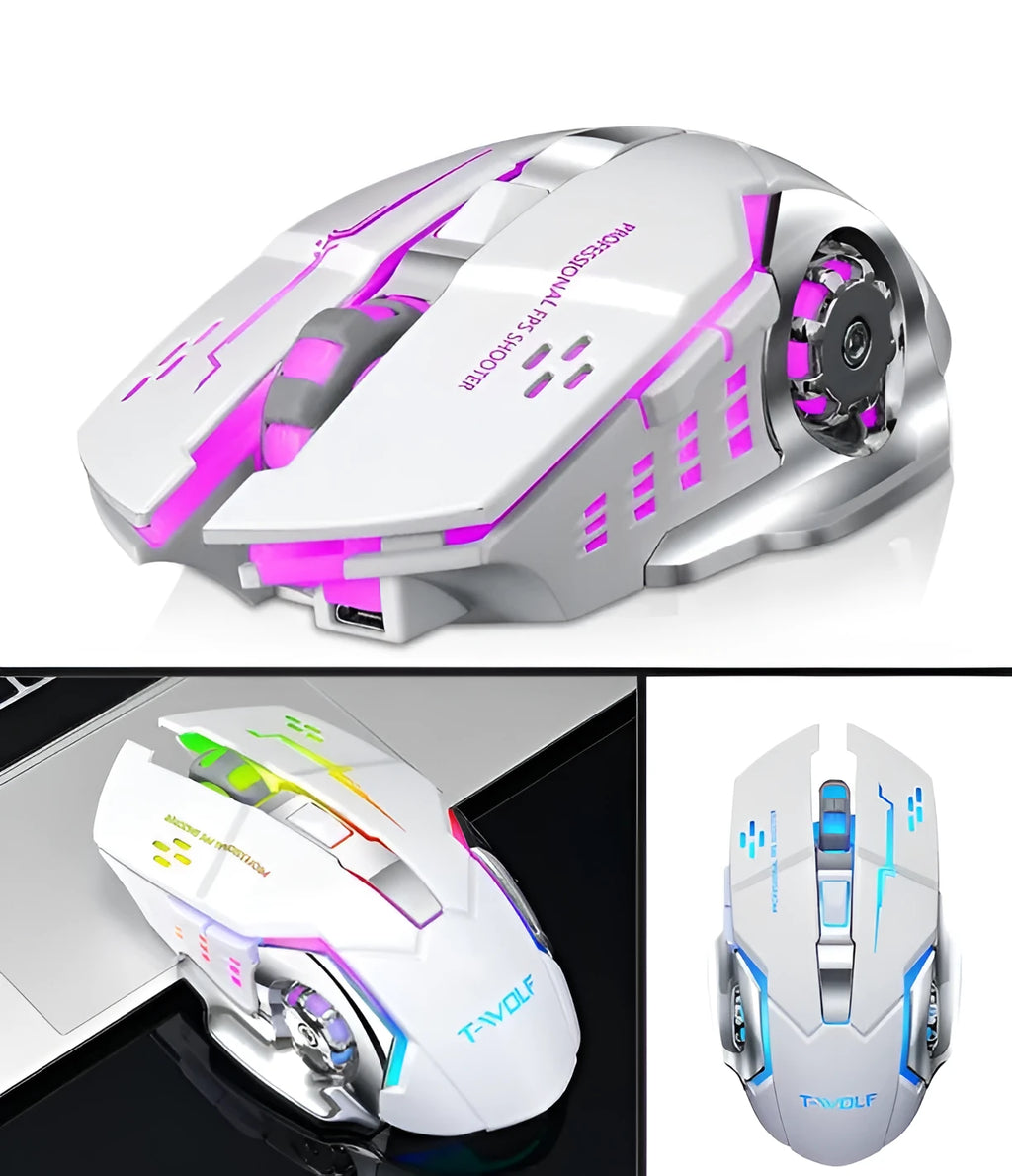 Black and white wireless computer mouse with 2400dpi resolution and mute buttons