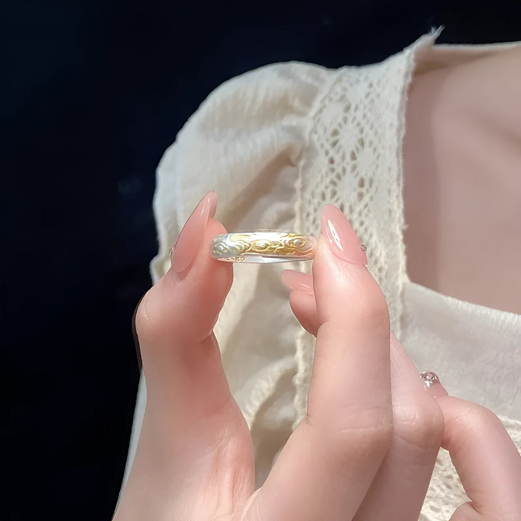J14 Xiangyun pattern open-mouth ring with geometric shape and silver gold electroplated finish
