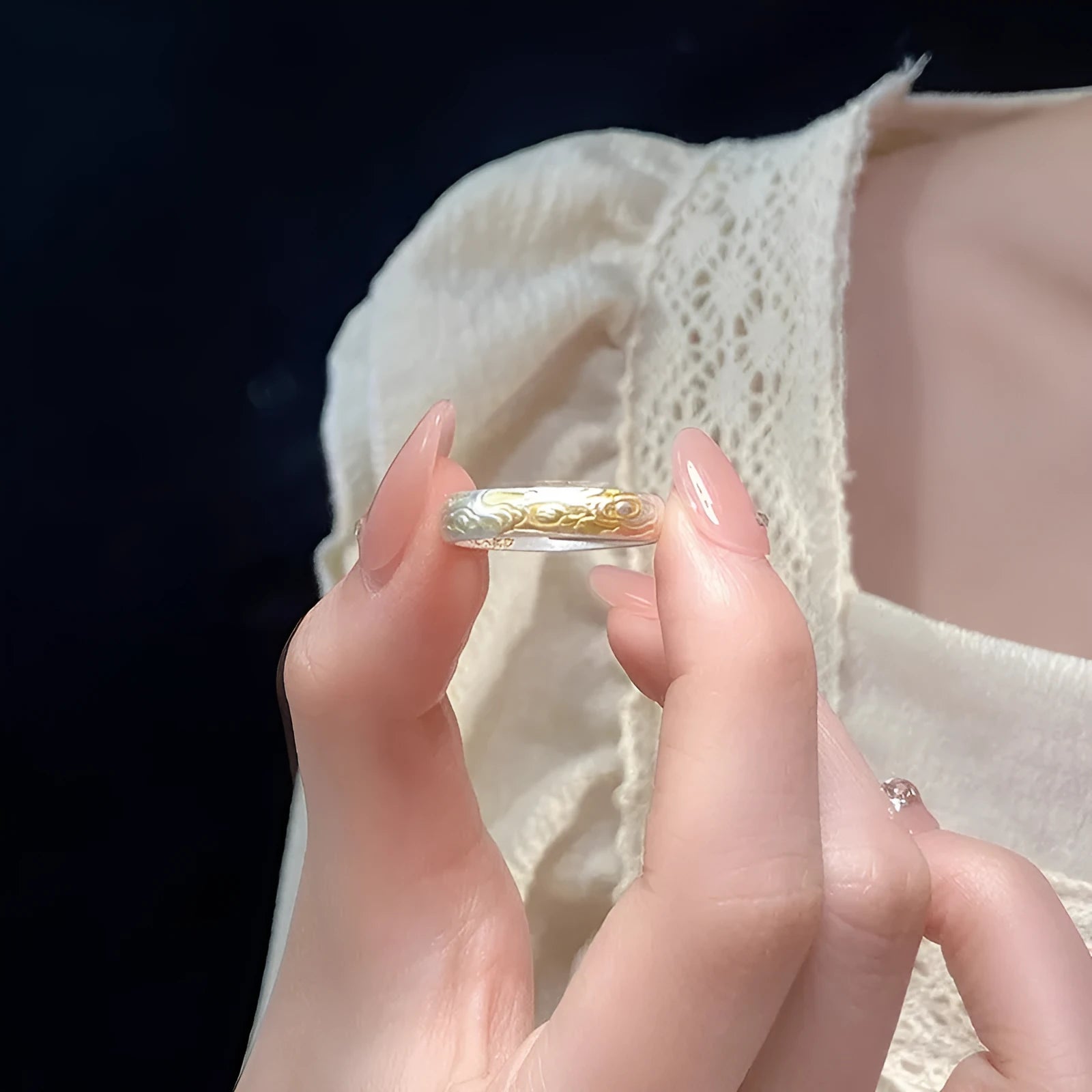 J14 Xiangyun pattern open-mouth ring with geometric shape and silver gold electroplated finish