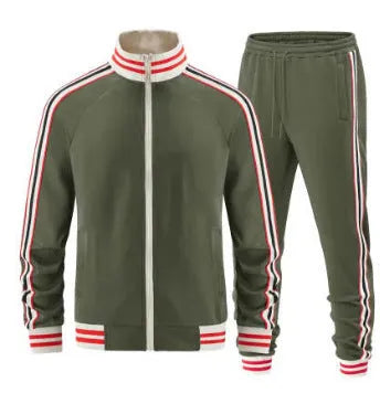 Men's khaki turtleneck zipper cardigan and matching trousers casual suit set
