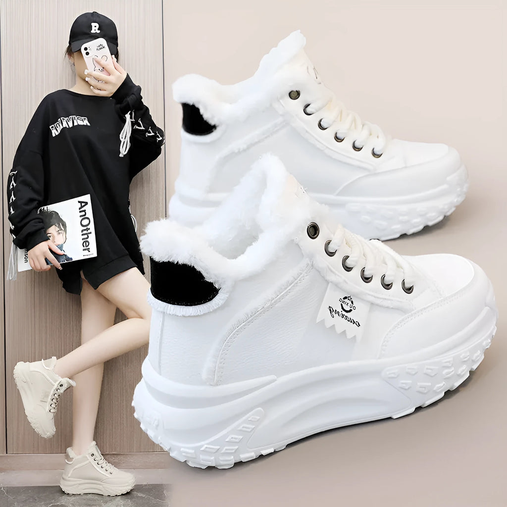 White low-top women's platform snow boots with sequins, artificial PU upper, rubber sole