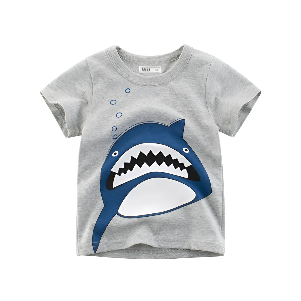 Grey cotton children's t-shirt laid flat, showing Asian size tags for 90cm, 100cm, 110cm, 120cm, 130cm, and 140cm lengths.