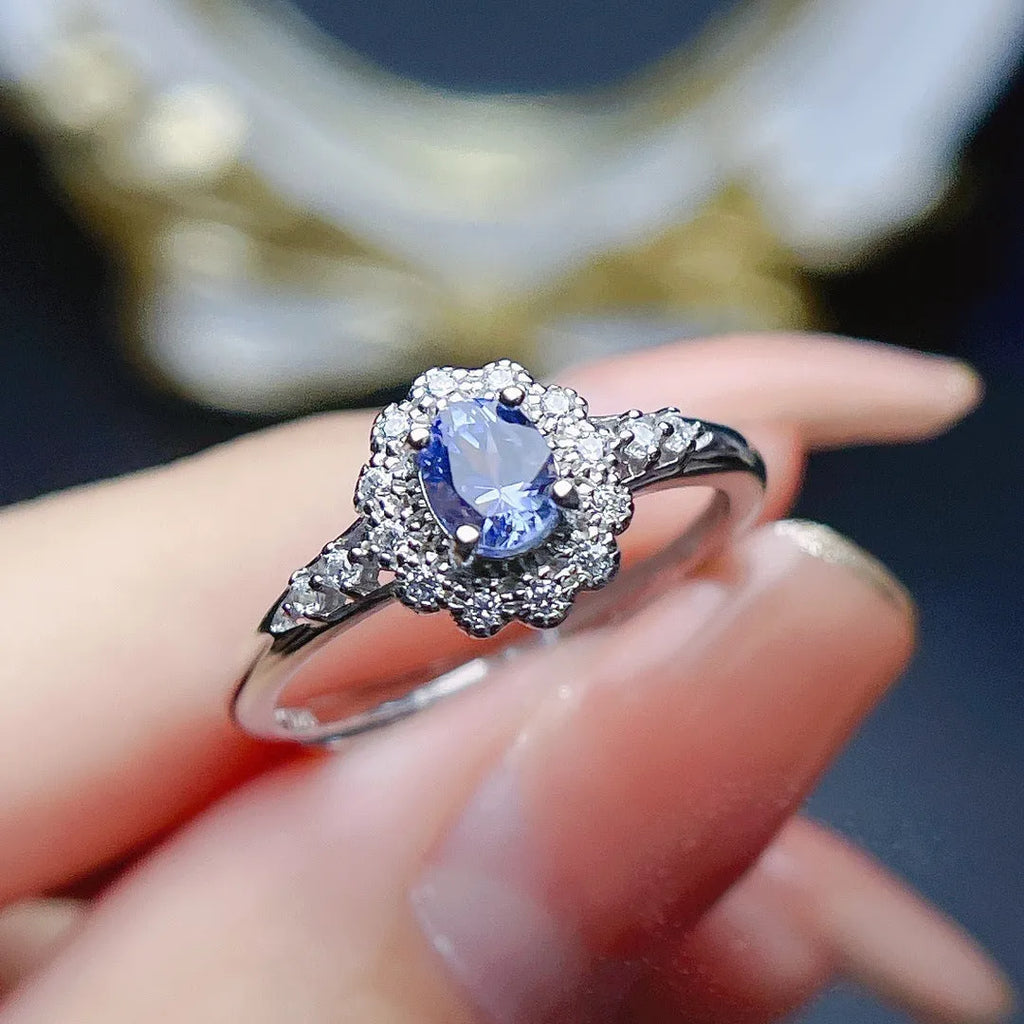 Natural tanzanite ring S925 silver adjustable open shank polished finish