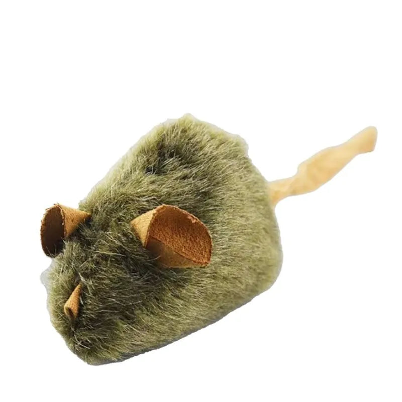 Plush mouse cat toy with tail, flannel surface and lanyard for interactive chirping play