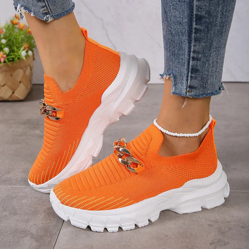 Women's beige breathable fly weaving mesh slip-on shoes with EVA sole and chunky heel