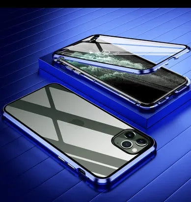 Machined glass clamshell anti-spy phone case in black, shown closed and open next to an iPhone.