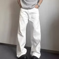 A pair of men's loose-fit white straight-leg cotton jeans on a plain background.