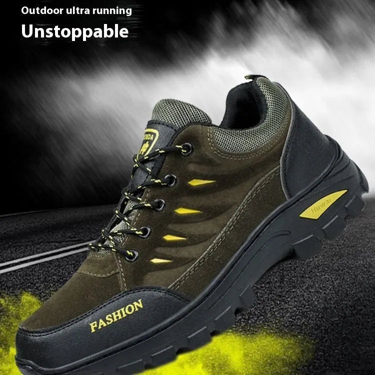 Men's green suede mid-top hiking shoes with rubber sole and lace-up front.